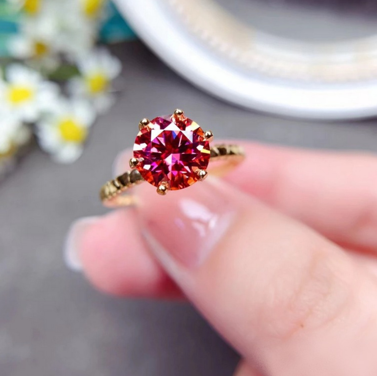 Exquisite 14K 925 Sterling Silver 2CT Blood Orange Moissanite Gemstone Ring
