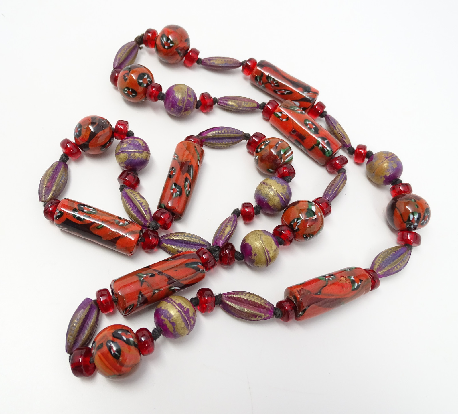 Vintage Blood Orange / Red Millefiori Cane Glass Violet Trade Bead Necklace