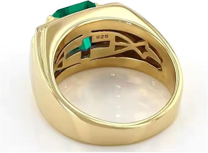 14K Yellow Gold Plated 3Ct Emerald Cut Lab Created Green Emerald Men’s Band Ring