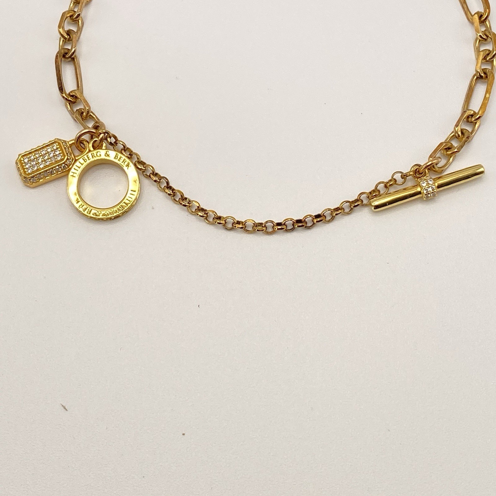 Hillberg & Berk Gemstone Bracelet 925 Gold Paper Clip Lock Charm Cubic Zirconia