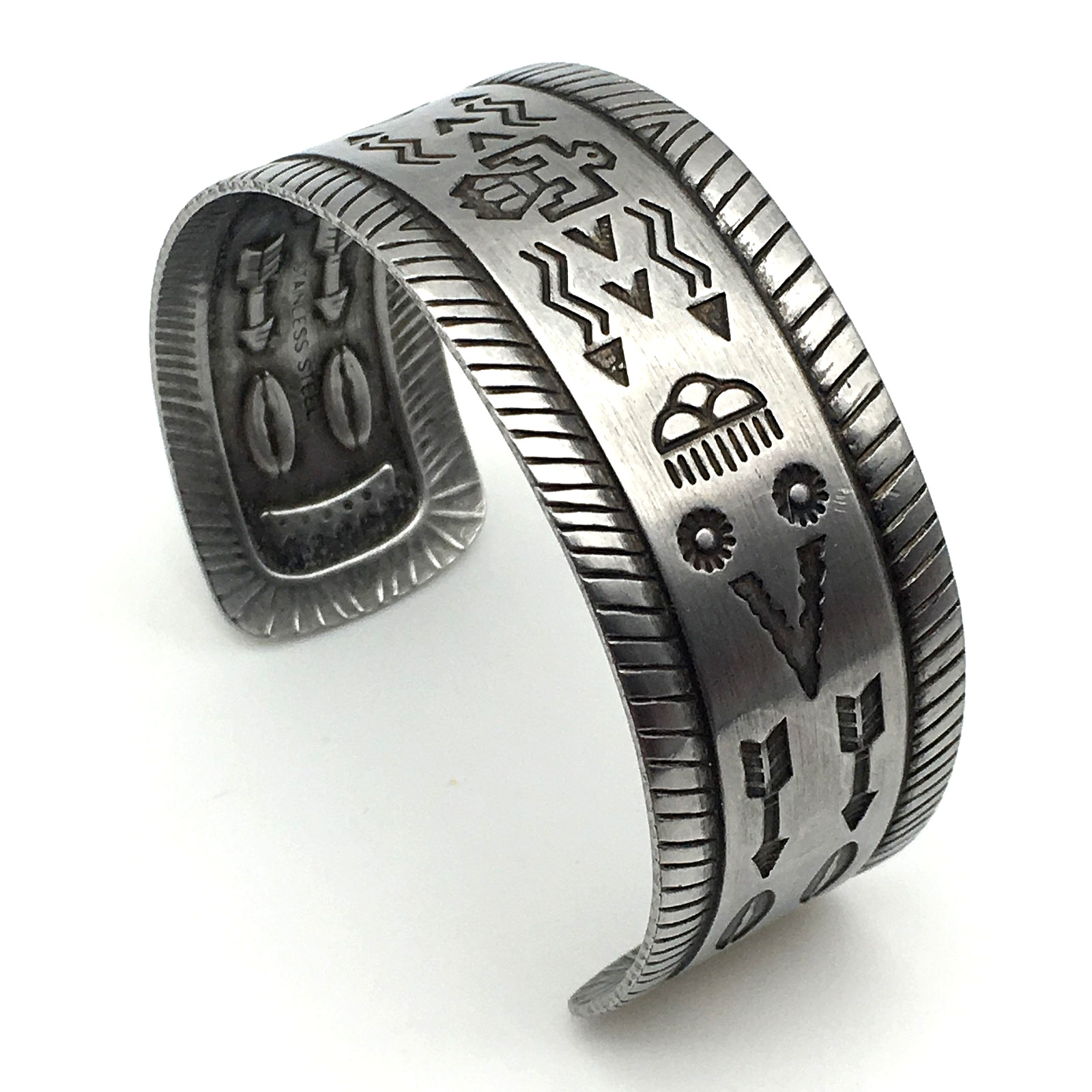 Vintage Southwestern Design Stamped Stainless Steel Cuff Bracelet Signed Japan