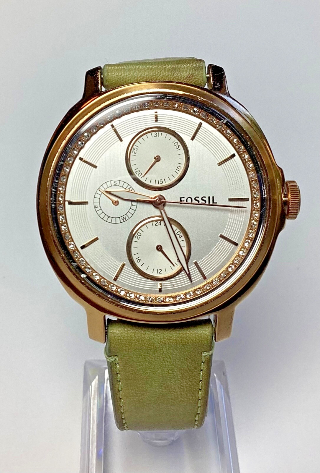 Fossil Womens Watch ES-3357 Green Gold Gemmed Multi-dial Day Date New Battery