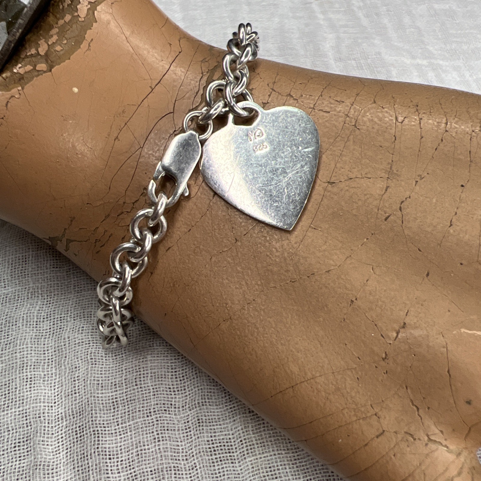 VTG 925 Sterling Heart Charm Bracelet Rolo Link 18.47g Adjustable 6.75in