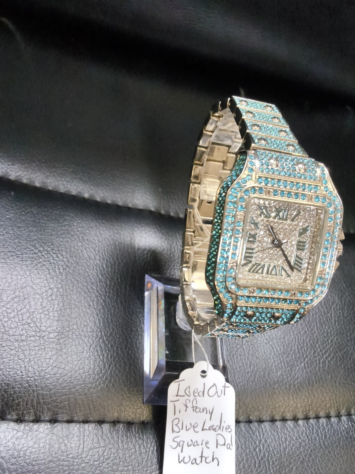 Iced Out Tifanny Blue Square Ladies Watch Silver Tone Crystal Bling NewPrice: