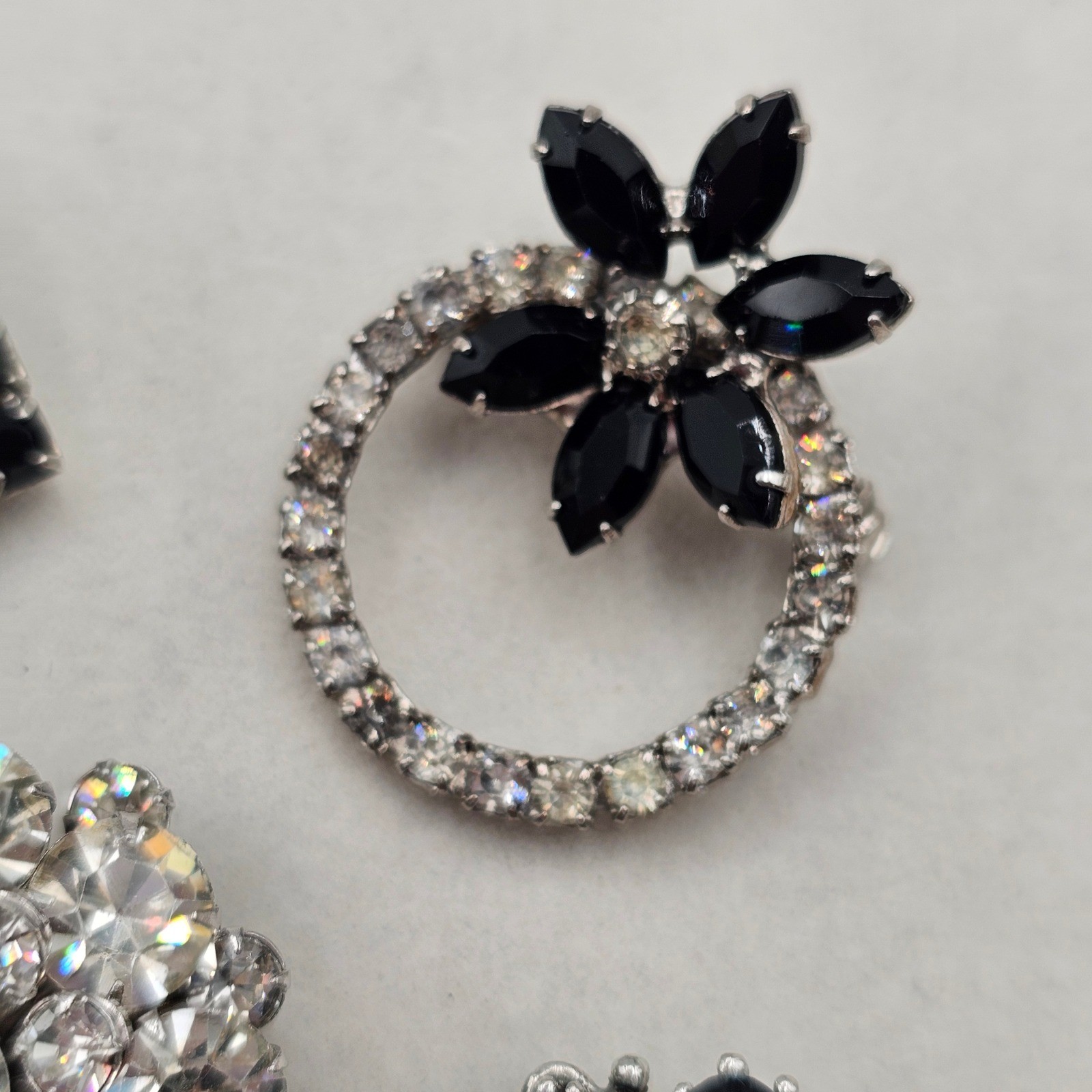 Clear & Black Rhinestone Brooch Lot 5pc Silver Tone Mixed Styles Formal Pins