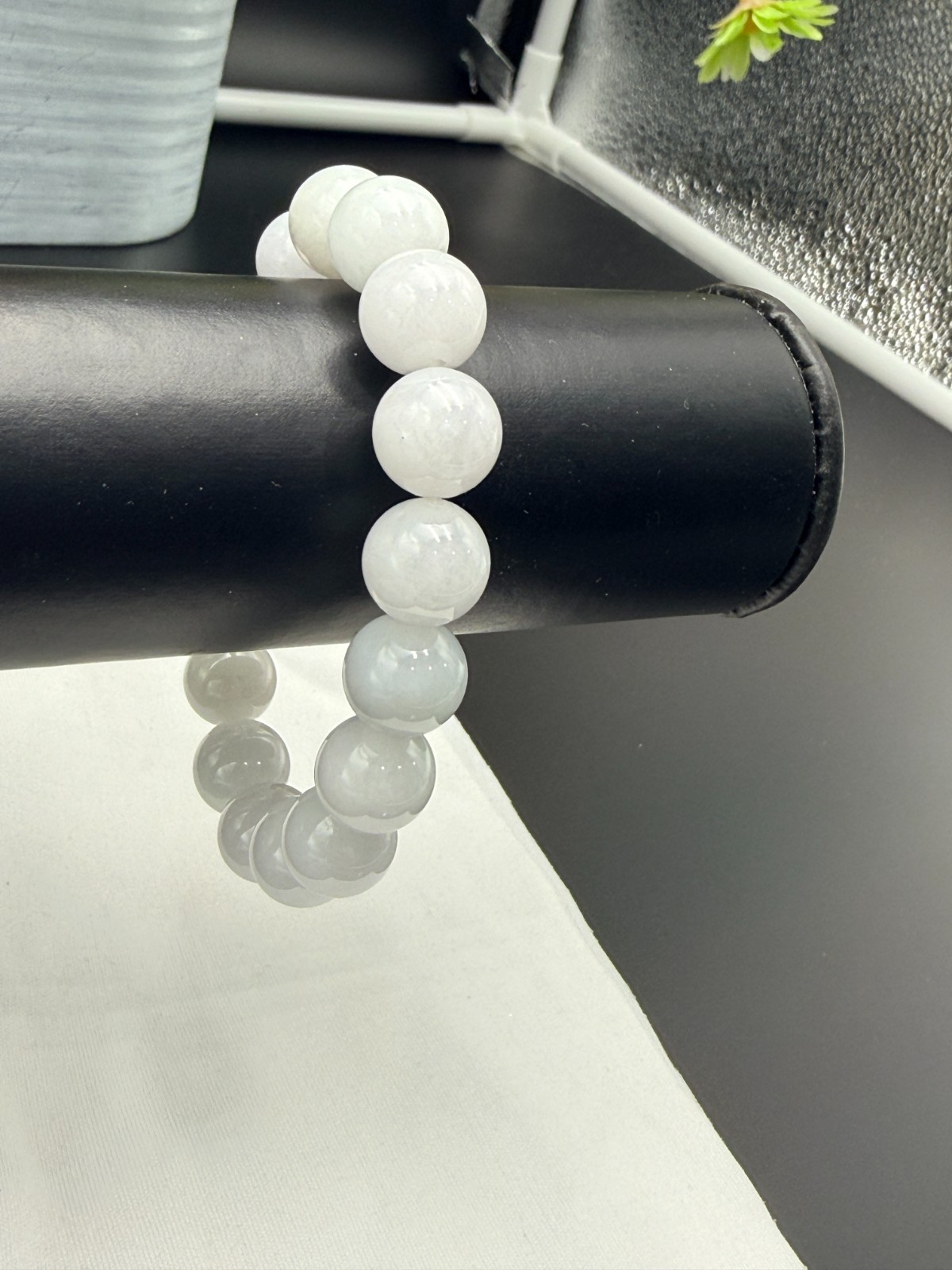 Certified Natural Grade A Jadeite Jade Beaded Bracelet White 12.3 mm #100068