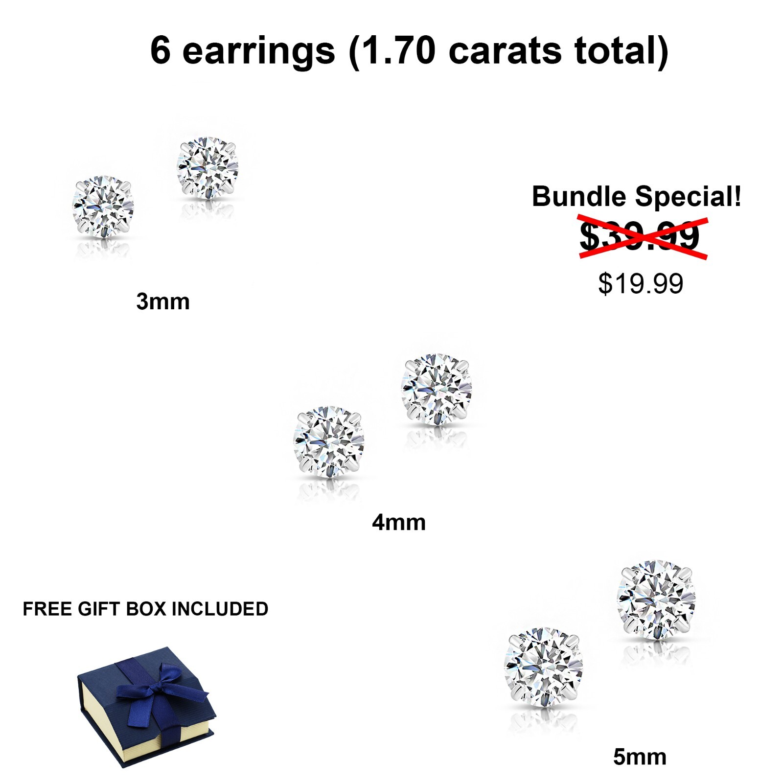 Set of 3! 925 Sterling Silver CZ Solitaire Stud Earrings Push-back Sleeper Studs