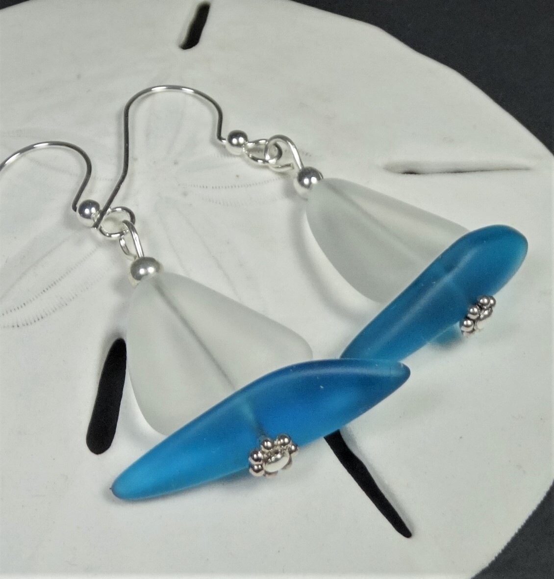 Frosted CRYSTAL SAIL Beach glass nautical jewelry TEAL hull handmade earrings