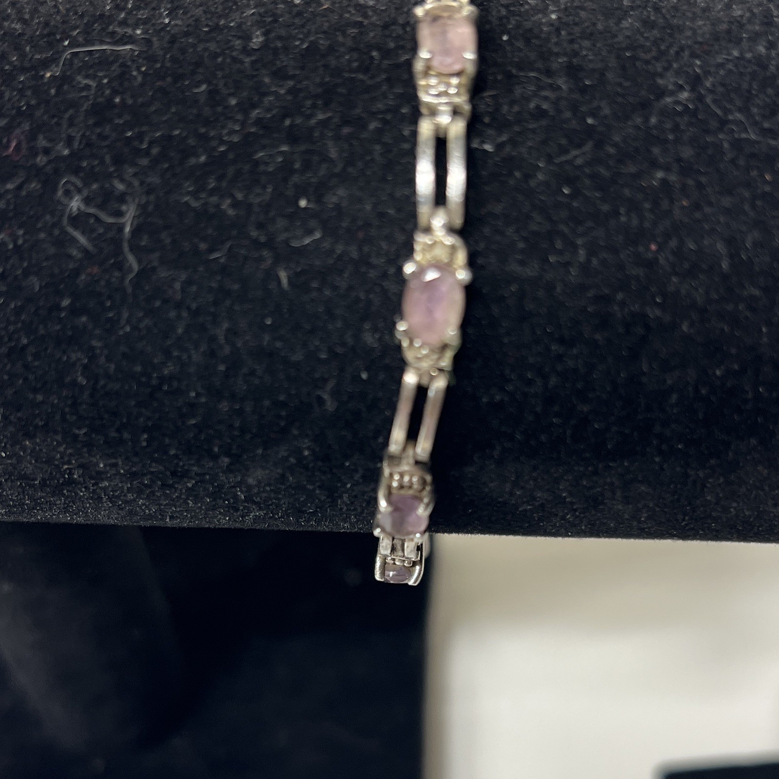 Silver-Tone Bar Link Bracelet 10 Oval Pink Stones Prong Set Lobster 7.1-7.5″