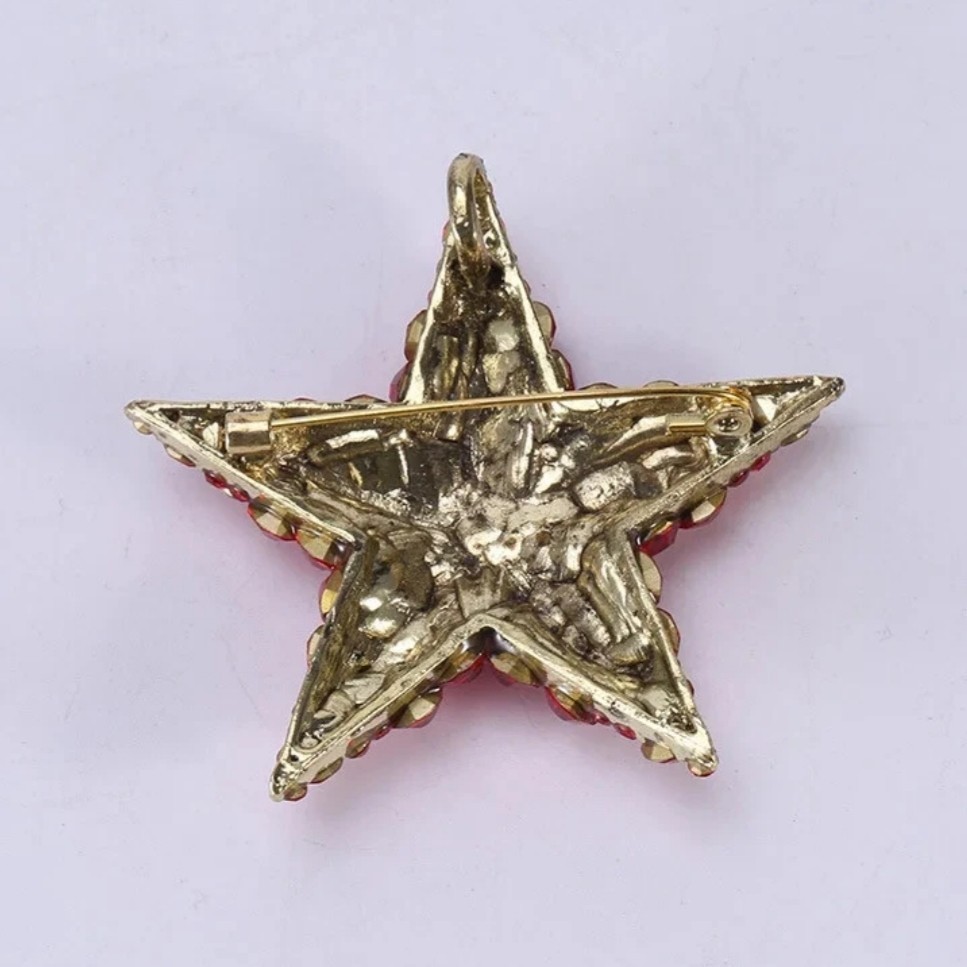 RED CRYSTAL RHINESTONE GOLD STAR PIN BROOCH PENDANT~CHRISTMAS HOLIDAY GIFT