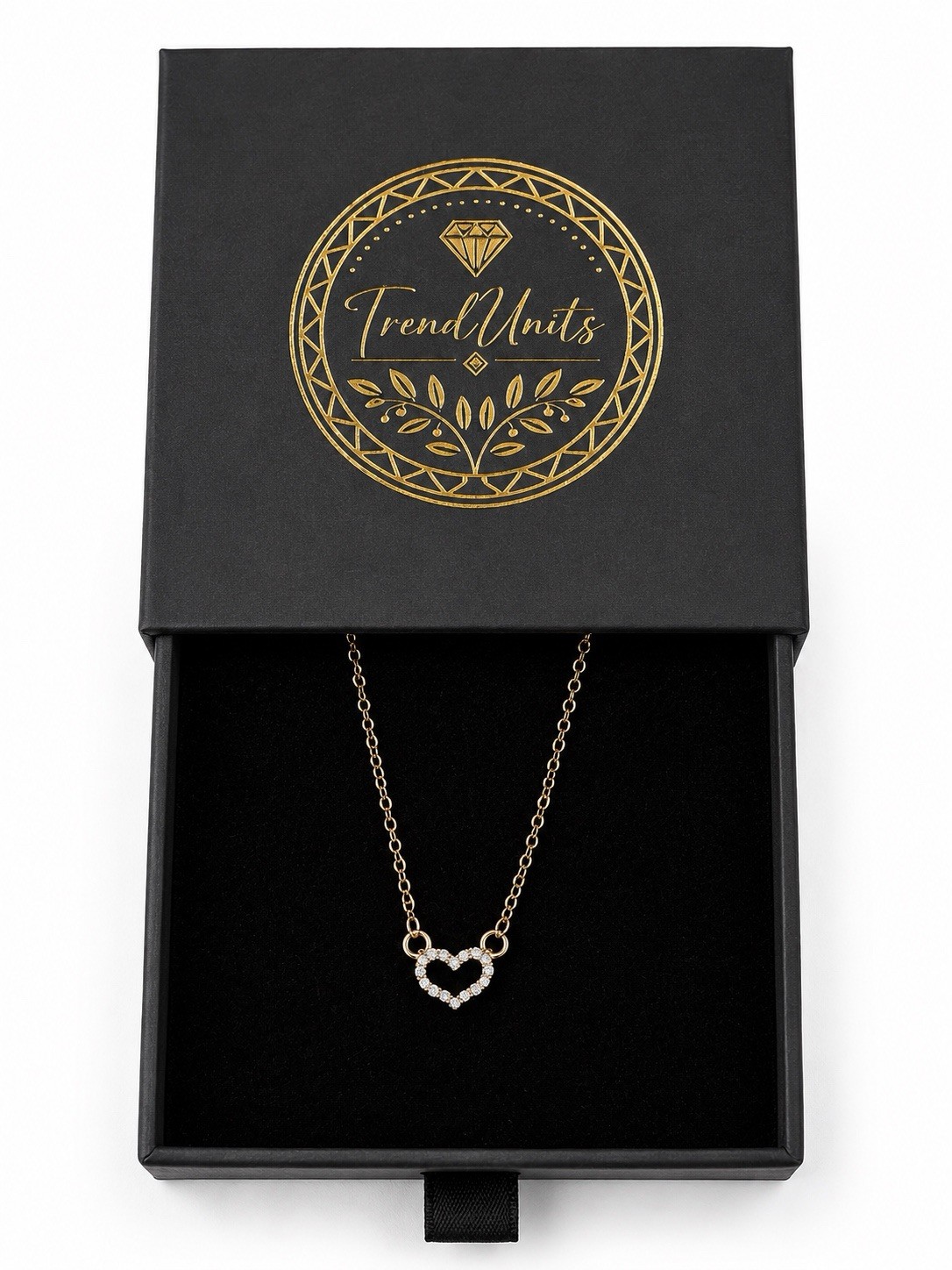 Gold Tone Heart Rhinestone Necklace Adjustable Chain Gift Box Included Women