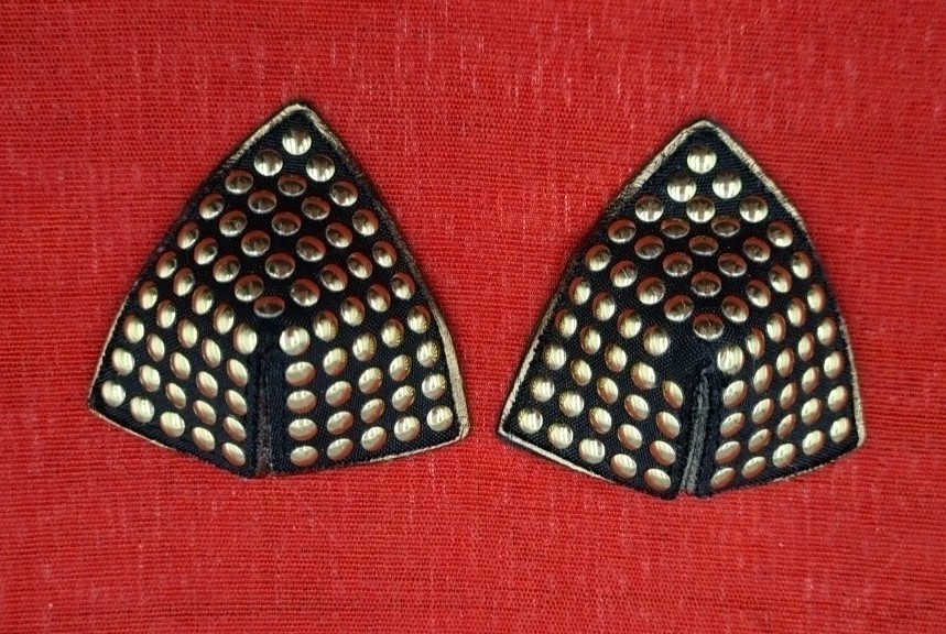 Vintage BLUETTE Black Gold Studded Fabric Faux Leather Large Clip-On Earrings