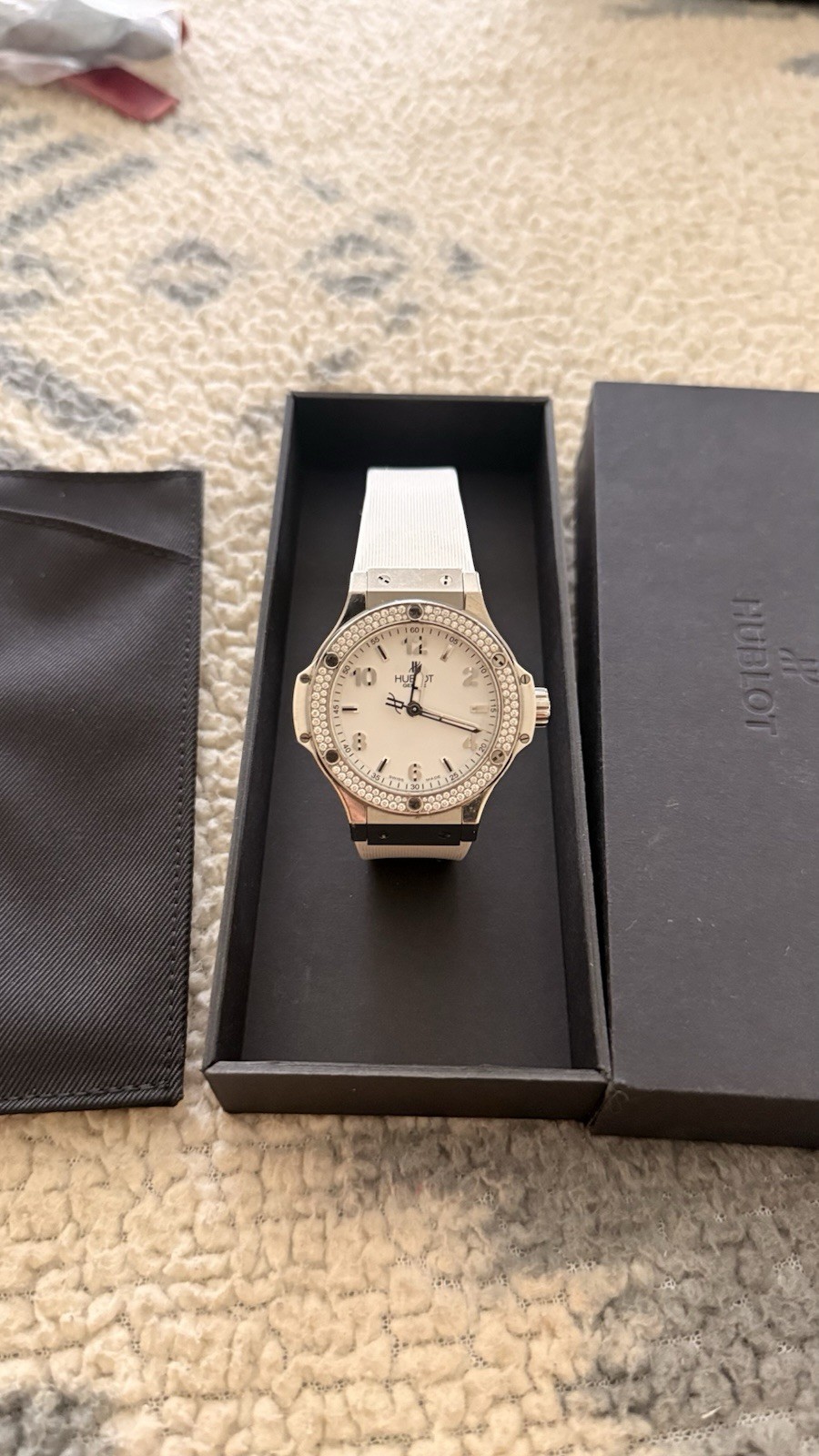 Hublot Big Bang Womens 38mm Quartz Diamond Bezel White Dial Rubber Strap Box