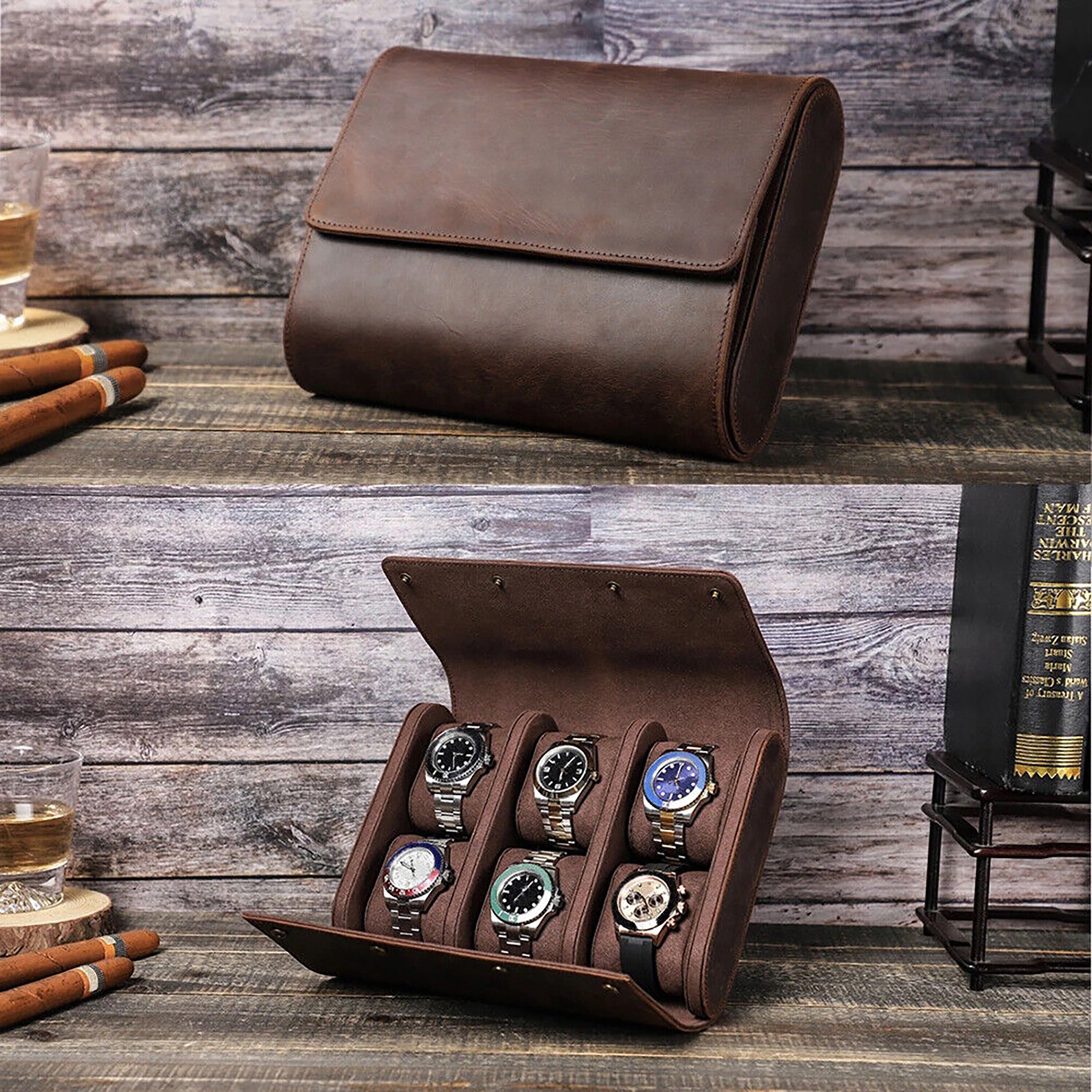 6-Slot Watch Roll Storage Box Genuine Leather Jewellry Display Travel Case NEW