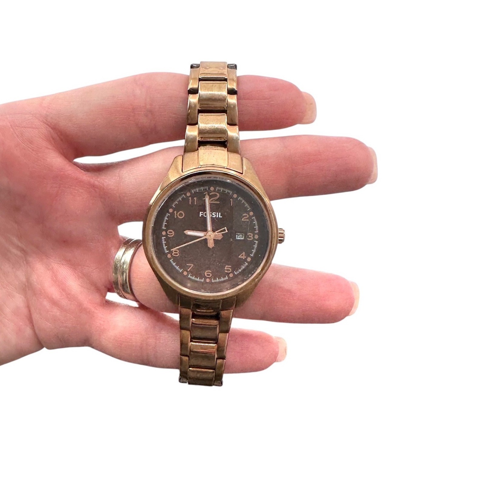 Fossil Flight Mini Womens Watch Bronze Stainless Steel Brown Dial Date AM-4366