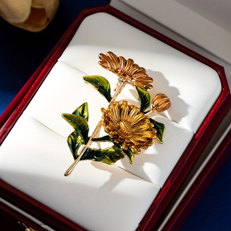 3P Elegant Vintage Gradient Daisy Brooches Green Leaf Anti-Slip Floral Pins