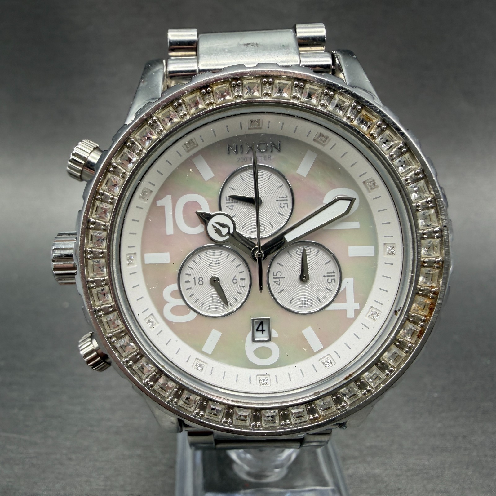 Nixon 42-20 Chrono Watch Women 42mm MOP Dial Steel Gem Set Date New Battery