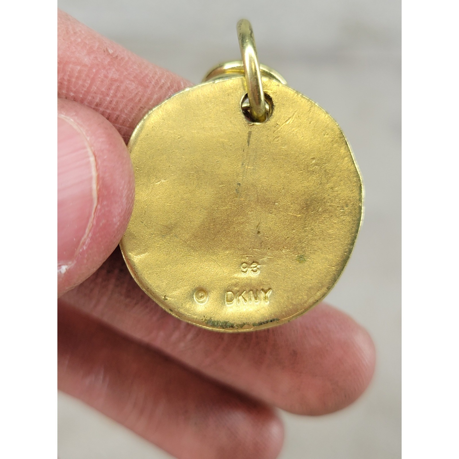 Vintage 1993 DKNY Gold Tone Safety Pin Brooch Round Logo Charm Pendant 3″