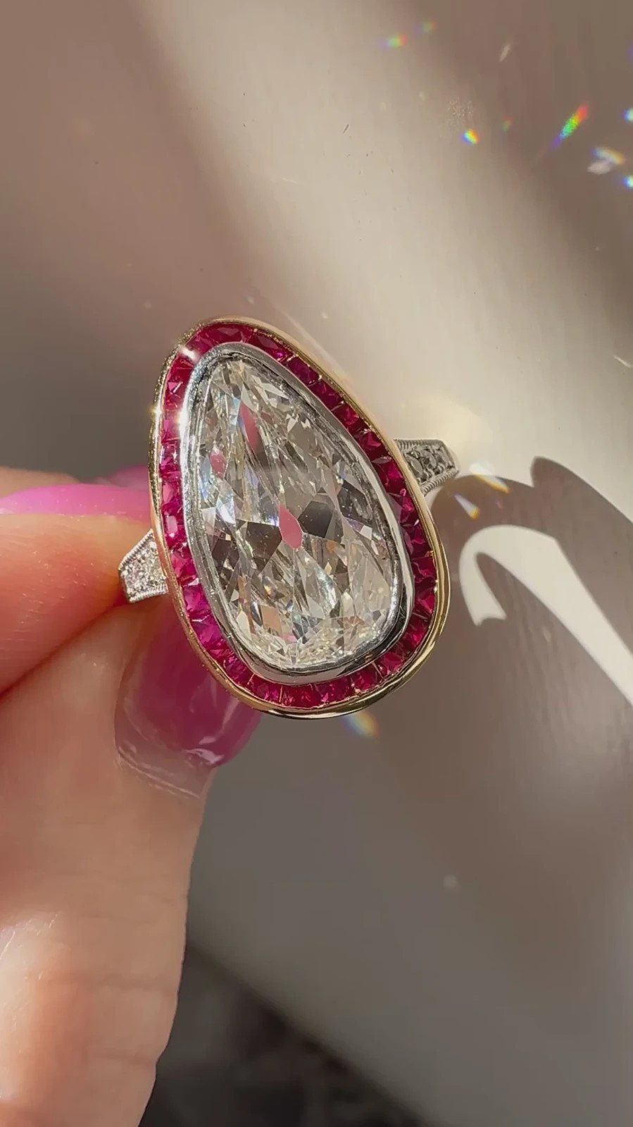 Premium 9.98 Ct Pear Cut LabGrown Diamond & Natural Ruby Ring in 14k Yellow Gold