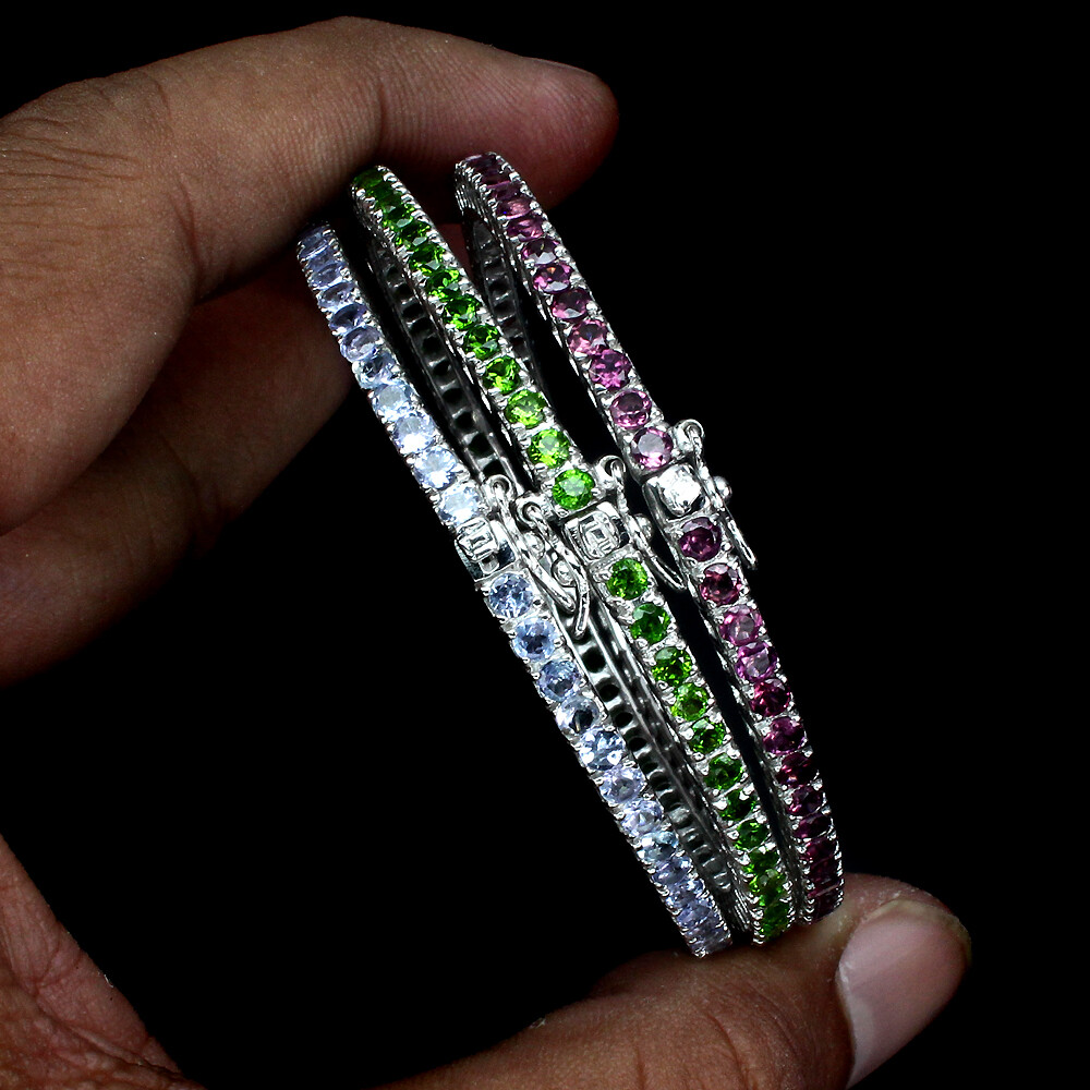 Round 2.5mm Rhodolite Chrome Diopside Tanzanite 925 Sterling Silver Bangle