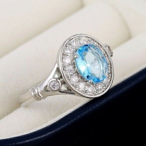 2.1 CT Simulated Aquamarine 925 Silver Plated Royal Vintage Thanksgiving Ring