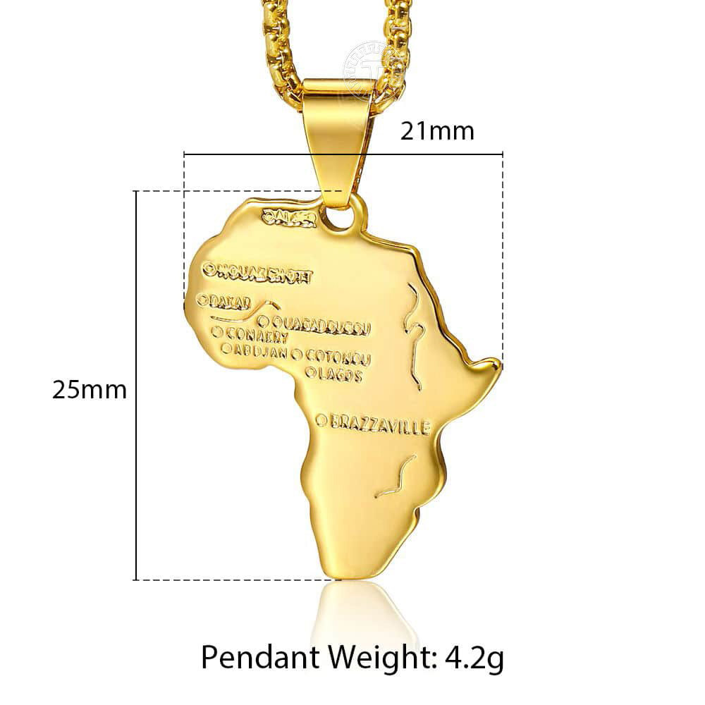 Gold Plated Stainless Steel Africa Continent Map Pendant Necklace Box Link Chain