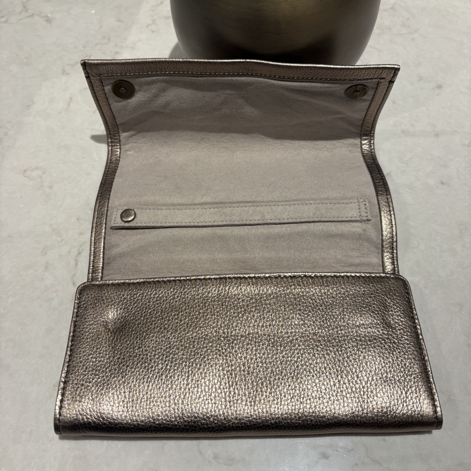 FOSSIL Soft Metallic Bronze Leather Flap Travel Jewelry Case Roll Clutch Wallet