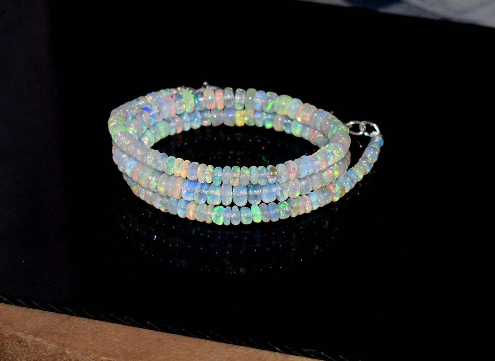 16″Natural Ethiopian Opal Wello Fire Opal Gemstone Bead Necklace