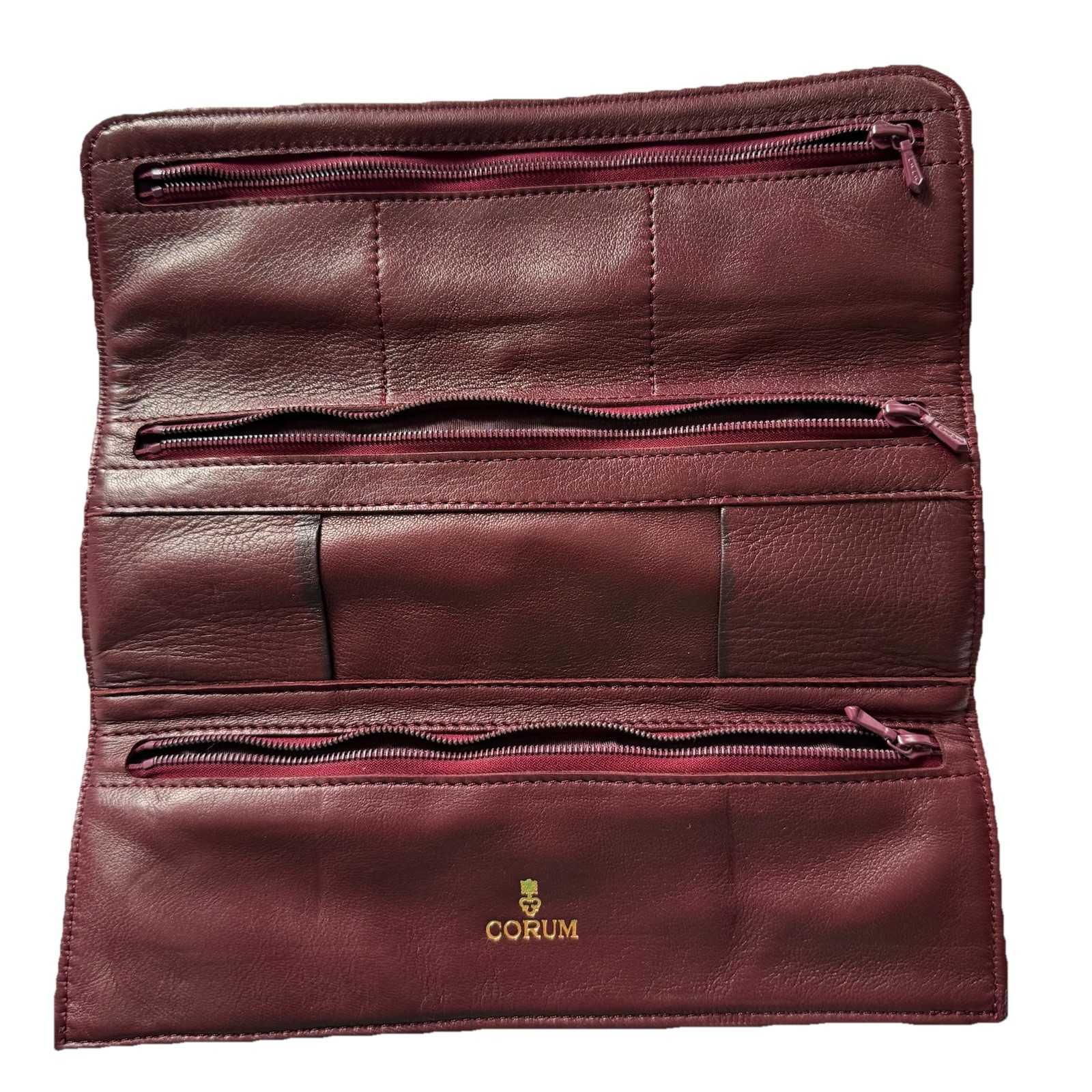 Vintage Corum Swiss Watch Brand Leather Travel Case Black and Burgundy Roll Zip