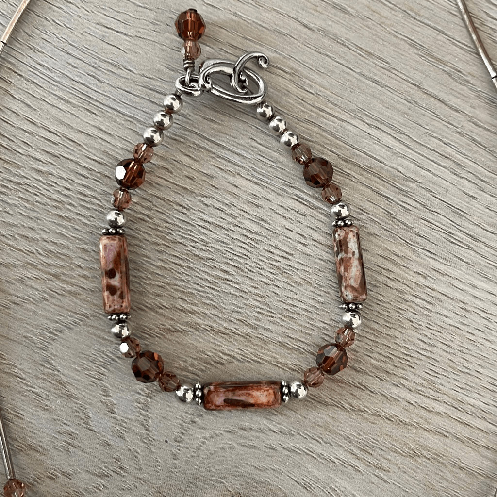 Handmade Unisex Pipe Beads Necklace And Bracelet 2 Piece Set Brown Silver OS