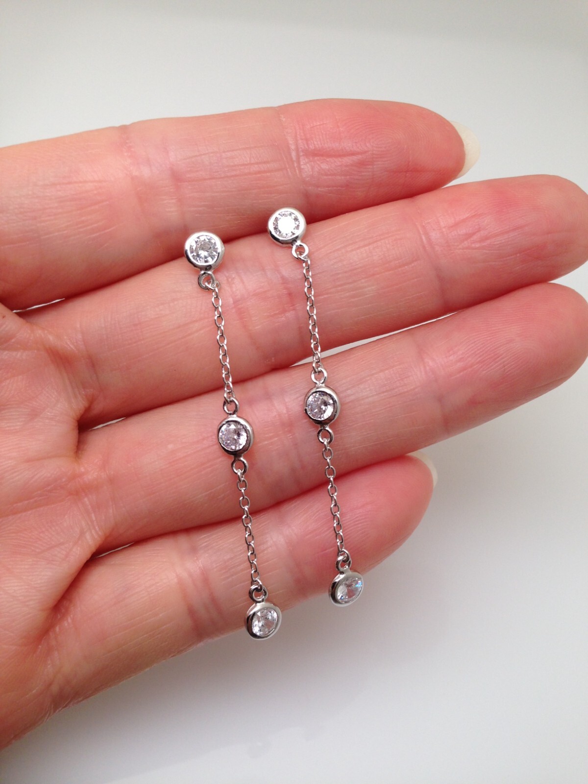 925 Sterling Silver CZ by the Yard Drop Earrings 3 Station Women 47mm x4mm 1.85″