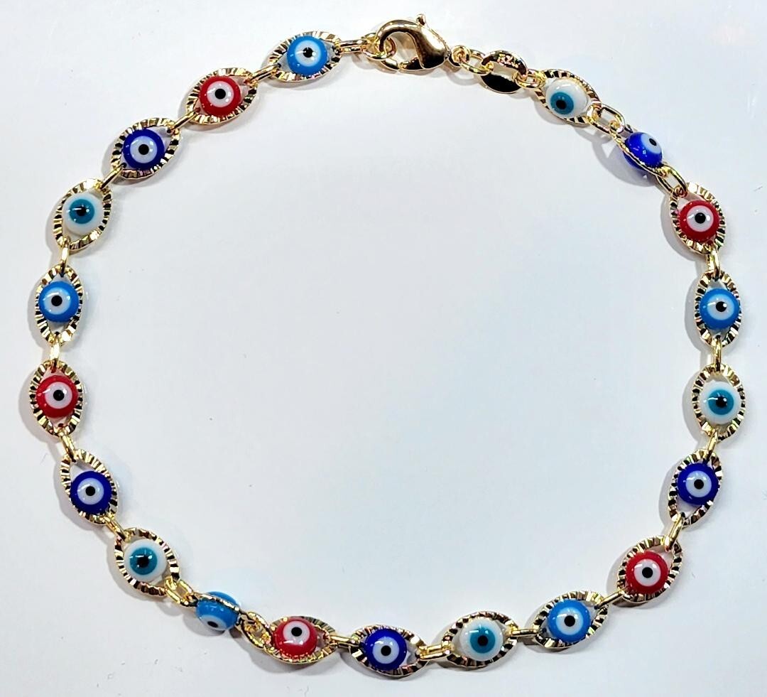 Evil Eye Bracelet 7.5 inch Long multi color Eyes Diamond Cut 14k Gold Filled # 2