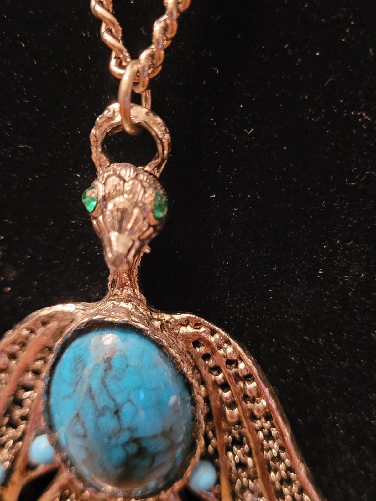 Vintage Egyptian Revival Horus Falcon Pendant Necklace Turquoise Look Cabochon