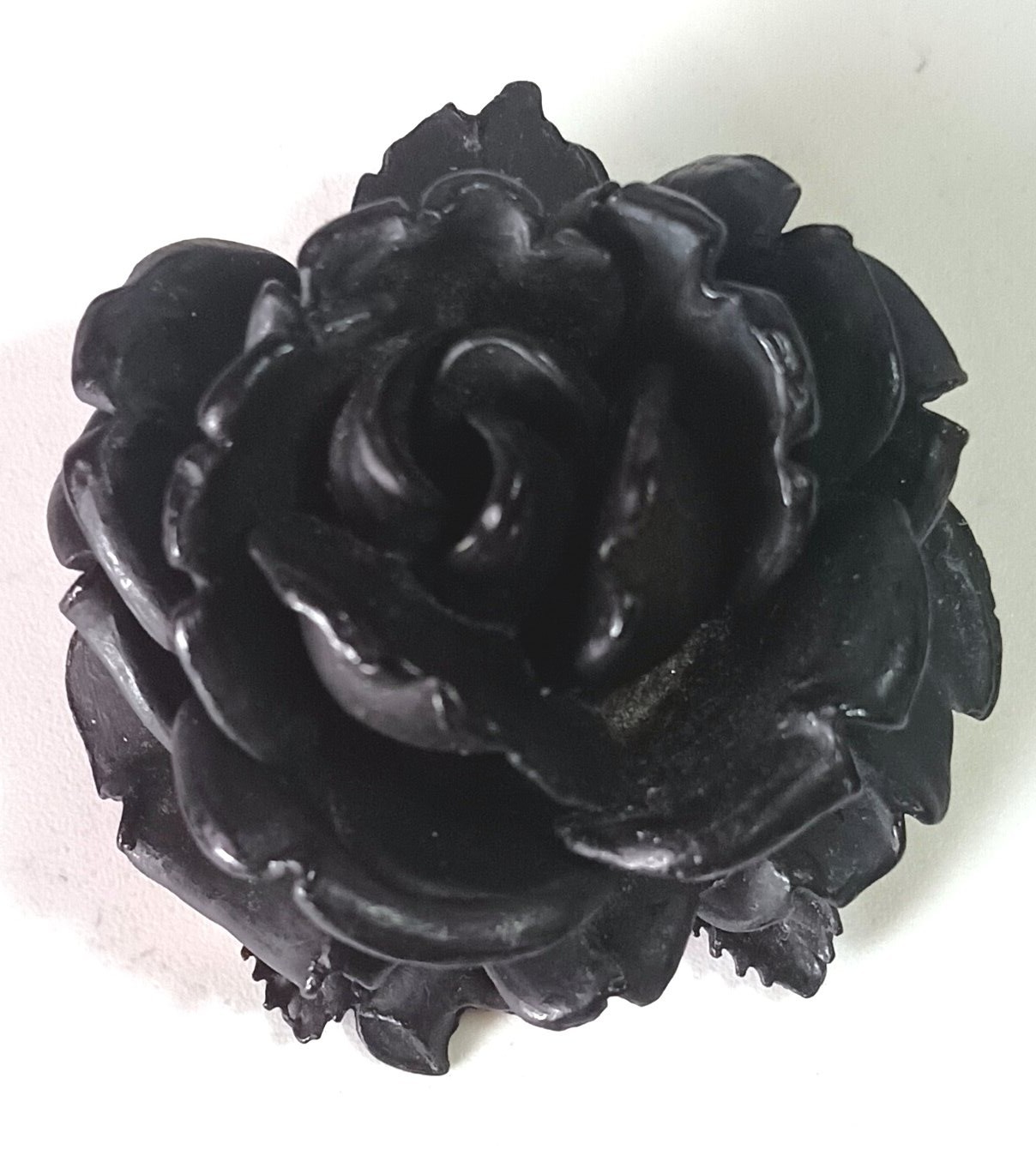 Vintage Carved Black Rose (Dense Wood?) Mourning Brooch w/ Ornate Gold-tone Back