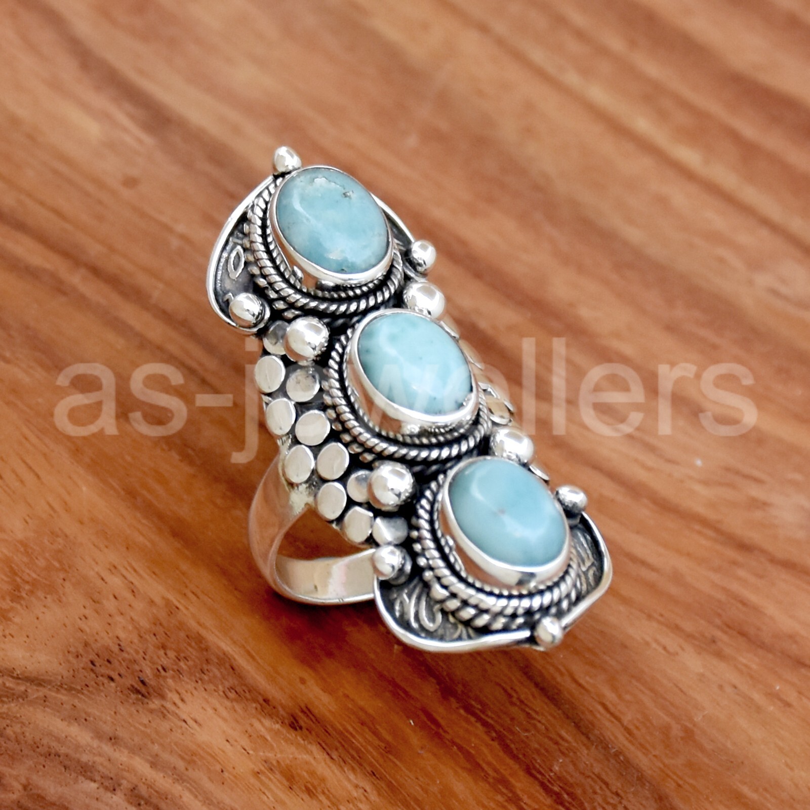 925 Sterling Silver, Larimar Gemstone Ring, Three Stones Ring, Handmade Jewelry