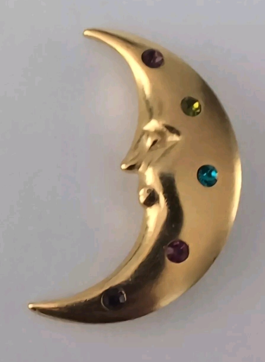 Vintage Trifari Gold Multi Colored Rhinestone Crescent Moon Pin Brooch