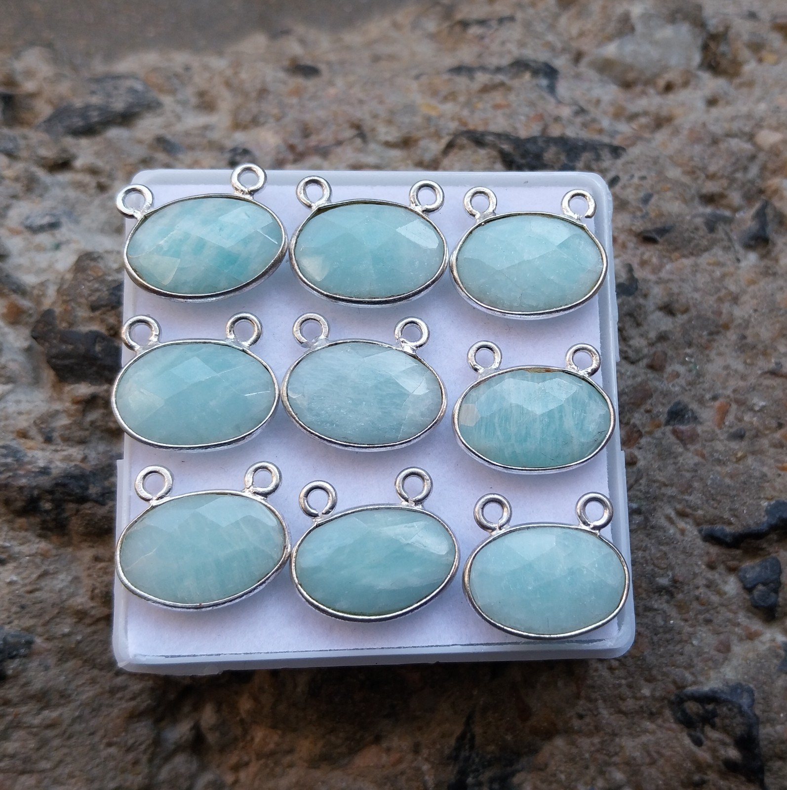 925 Sterling Silver 12 to 16 MM Amazonite Oval 9 Piece Double Loop Pendant