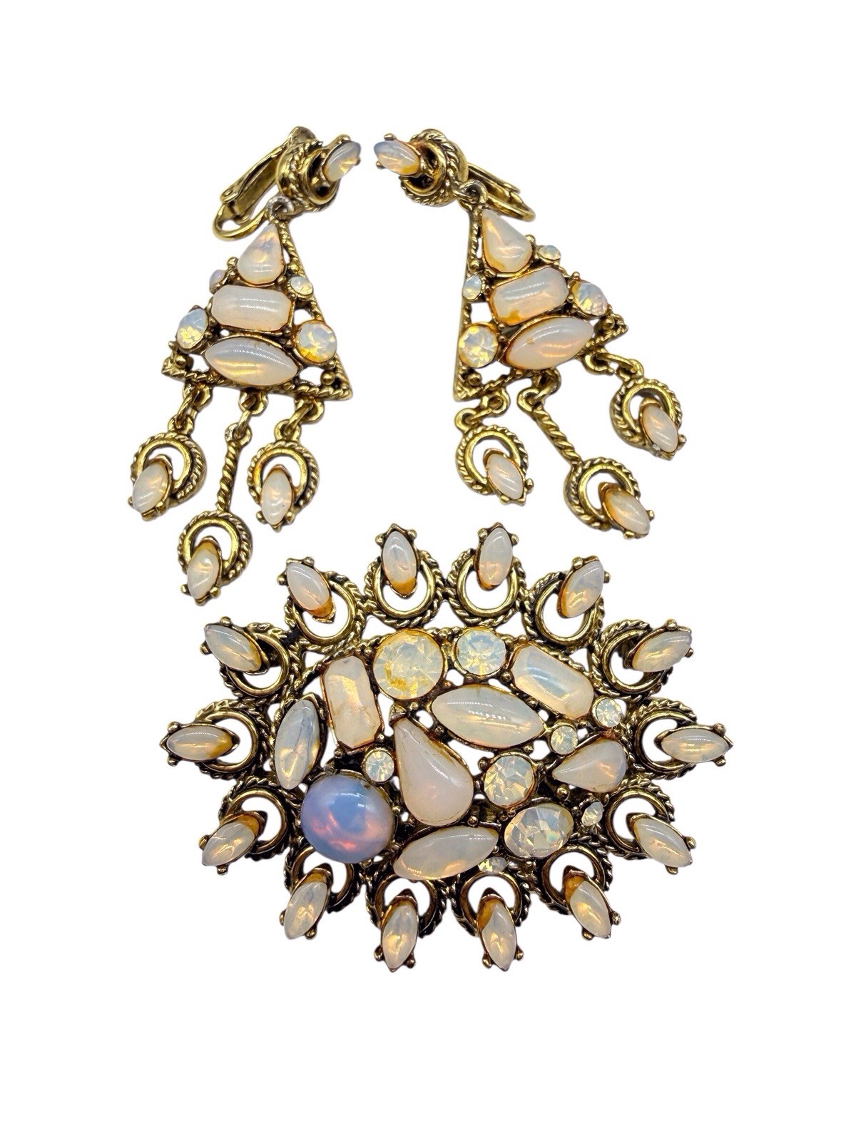 Vtg Hollycraft Set Brooch Dangle Earrings Fiery Opal Rhinestone Gold 50s 60s C