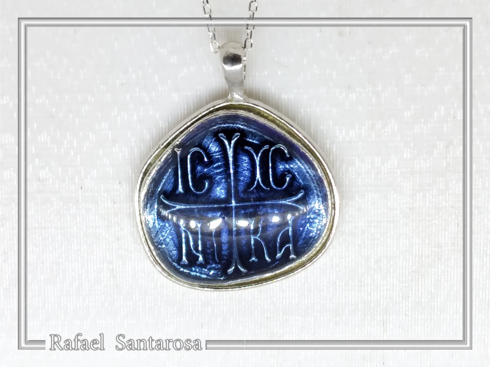 Protection cross coinshape Jesus Christ Wins silver enamel talisman charm