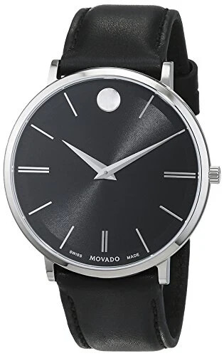 Movado Ultra Slim Black Dial Black Leather Strap Watch For Men – 0607086