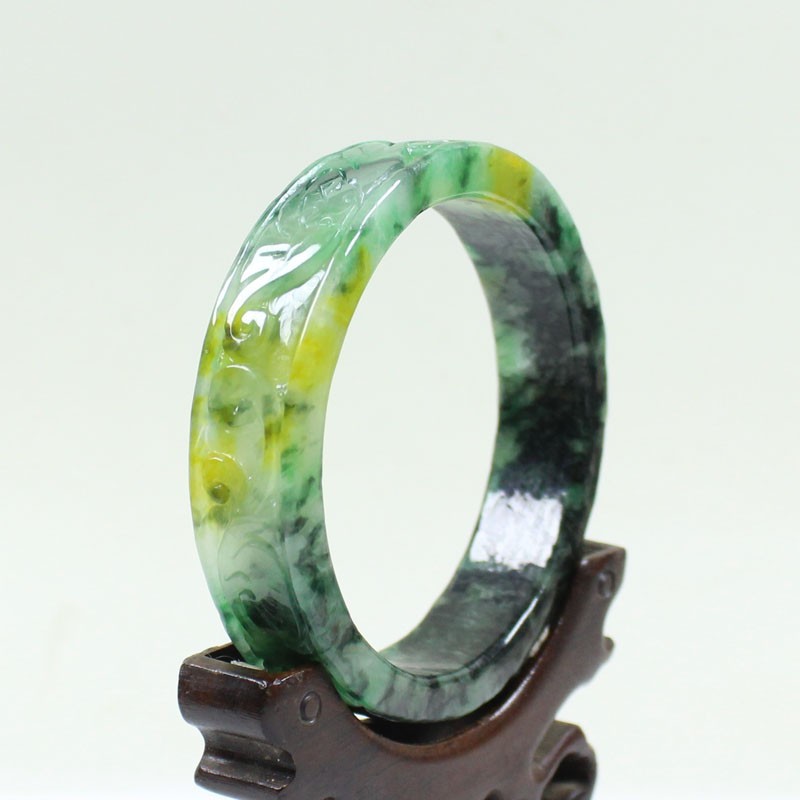 61mm Real Natural Ice Multicolor Burmese Jade jadeite Carving Bracelet Bangle