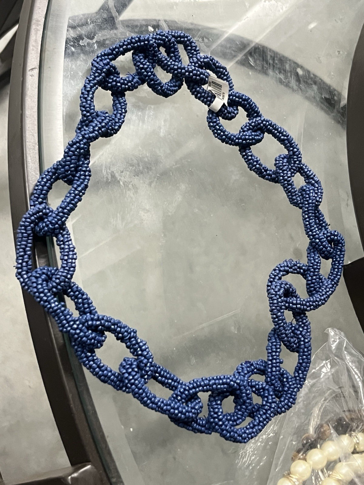 Blue Seed Bead Chain Link Statement Necklace Handmade Woven Magnetic Clasp