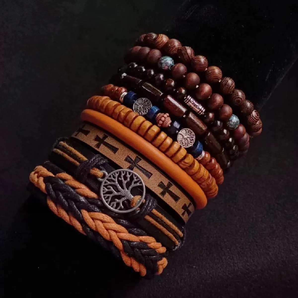 Khaki Tree 10 Pcs/Set Black Wrap Woven Fashion Handmade Men Bracelets Male Women