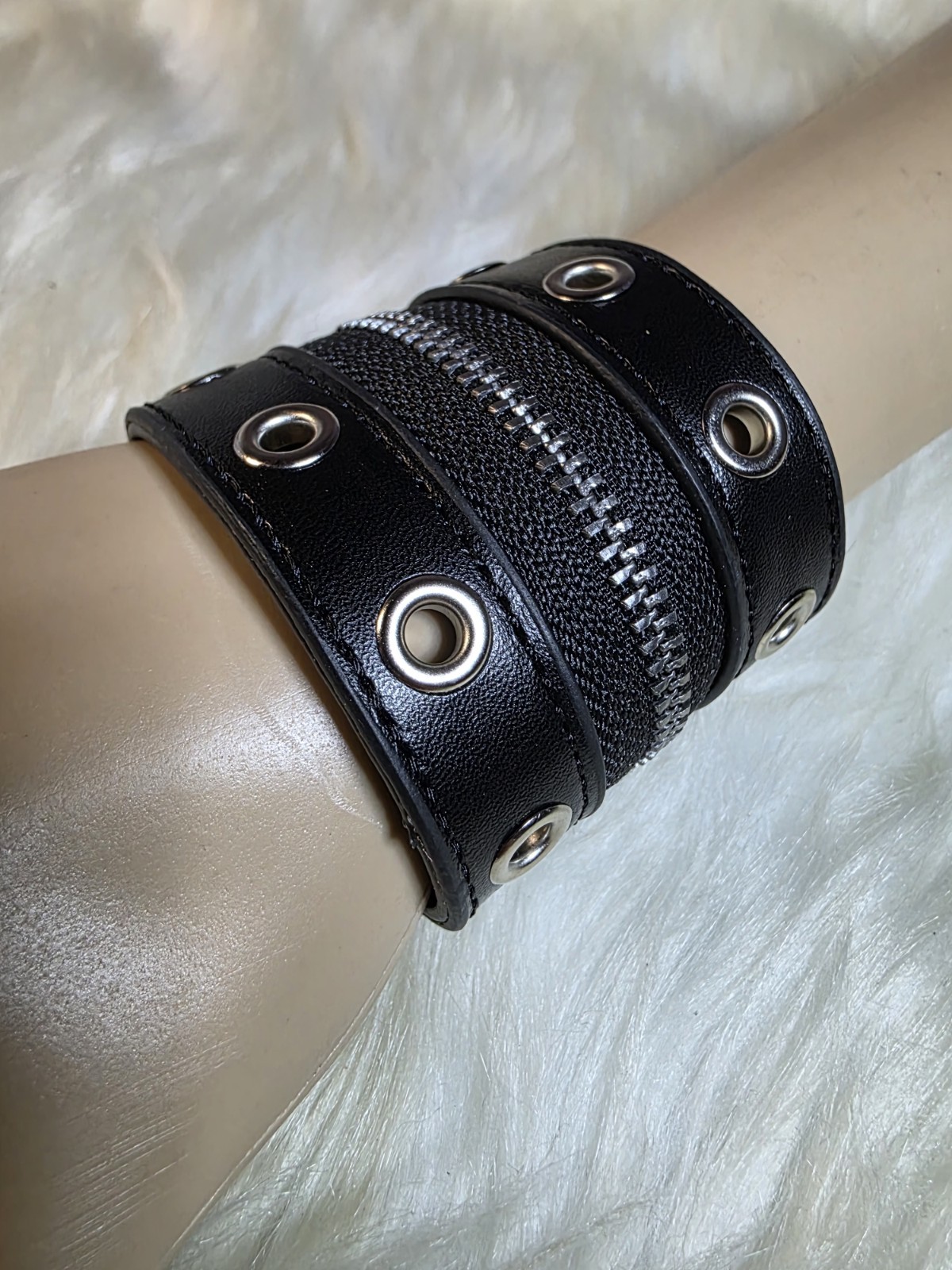 Black Faux Leather Wide Wrap Bracelet with Silver Grommets & Zipper
