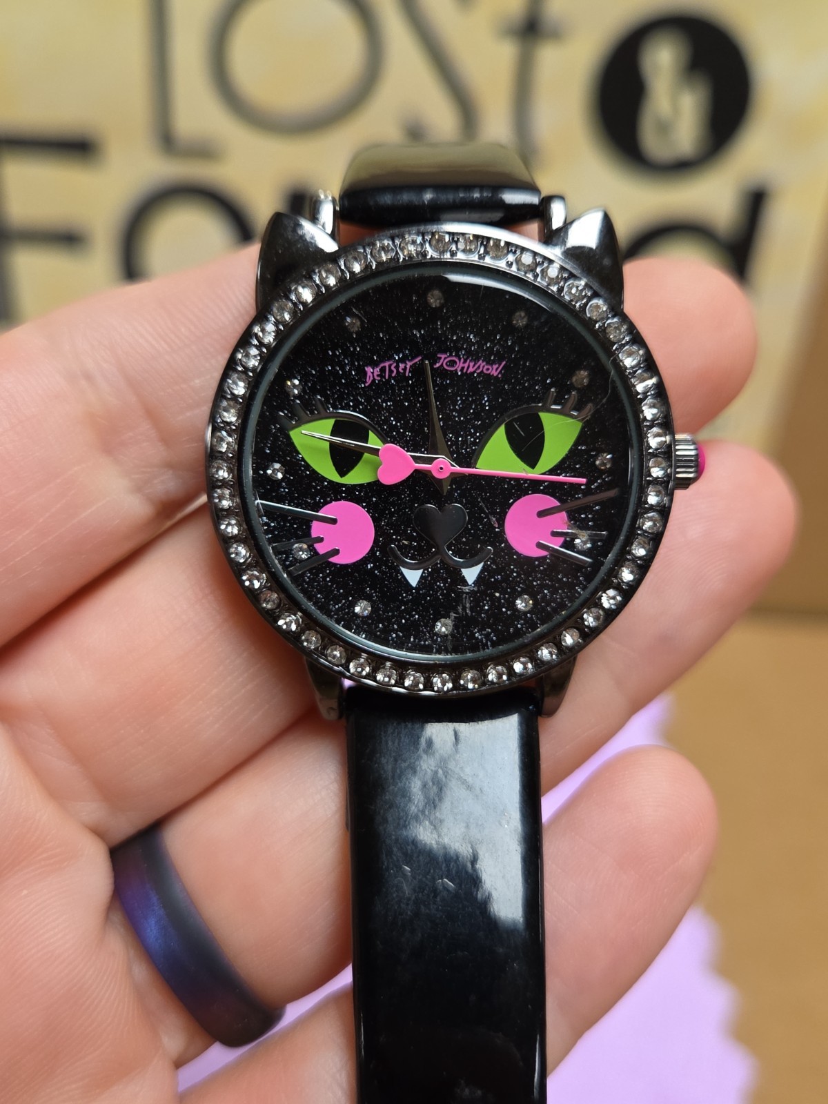 Betsey Johnson Watch Women’s Sparkle Black Cat Face Battery Works *SEE PICS