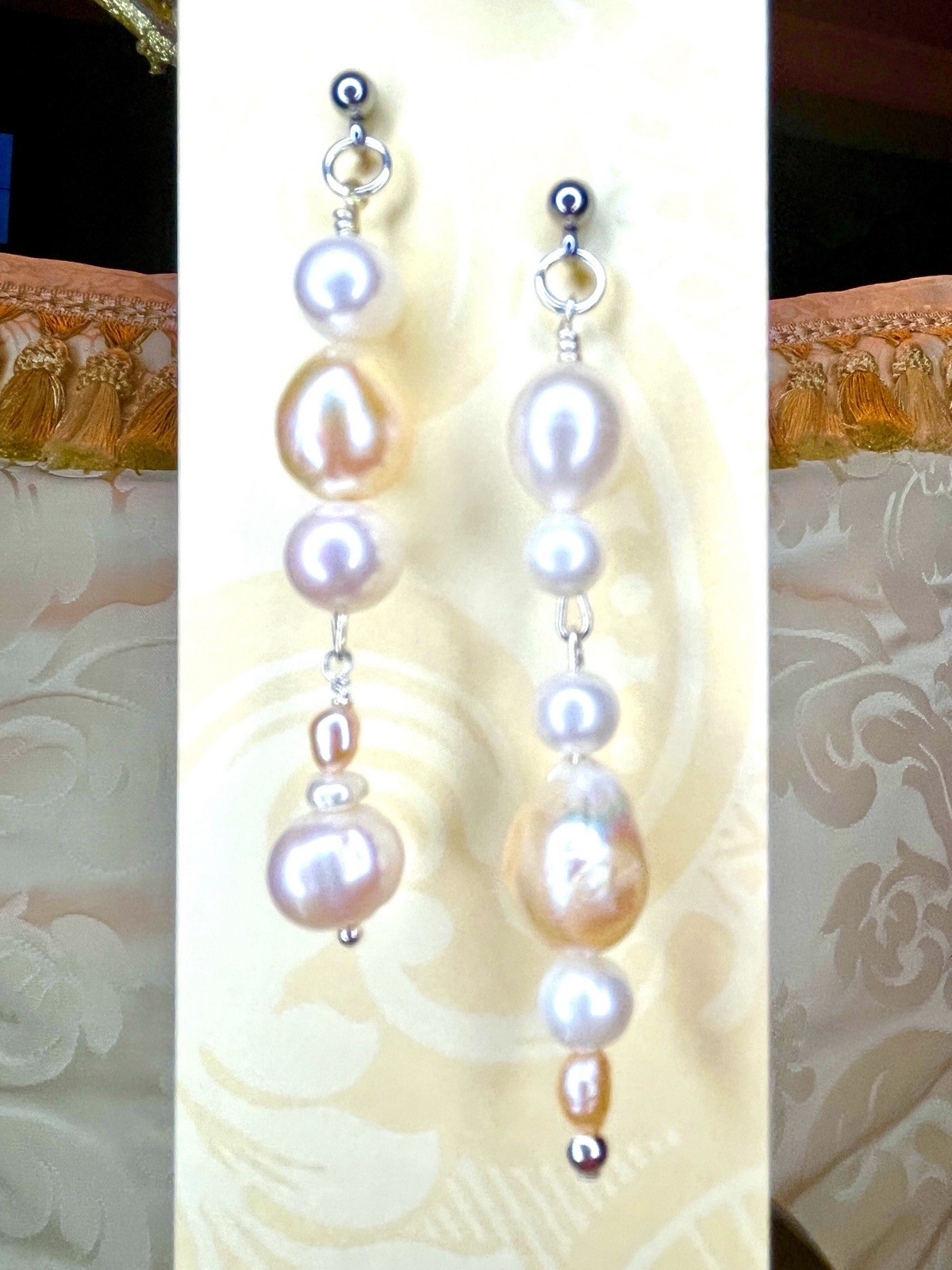 Asymmetric Eclectic Dangling Cream Champagne 12 mm Baroque Pearl Earrings