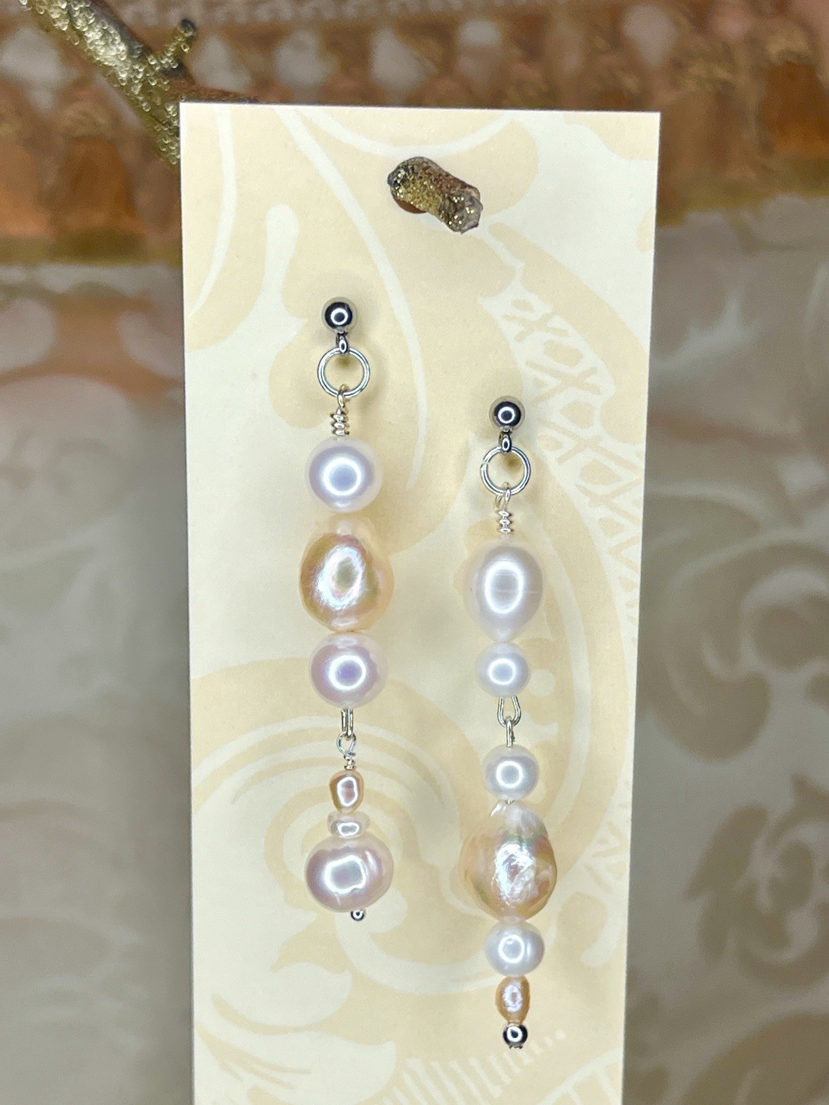 Asymmetric Eclectic Dangling Cream Champagne 12 mm Baroque Pearl Earrings