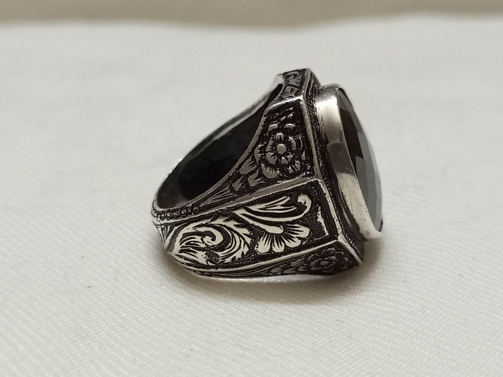Vintage Turkish Men’s Ring 925 Sterling Silver Black Onyx Carved Engraved 18.4g