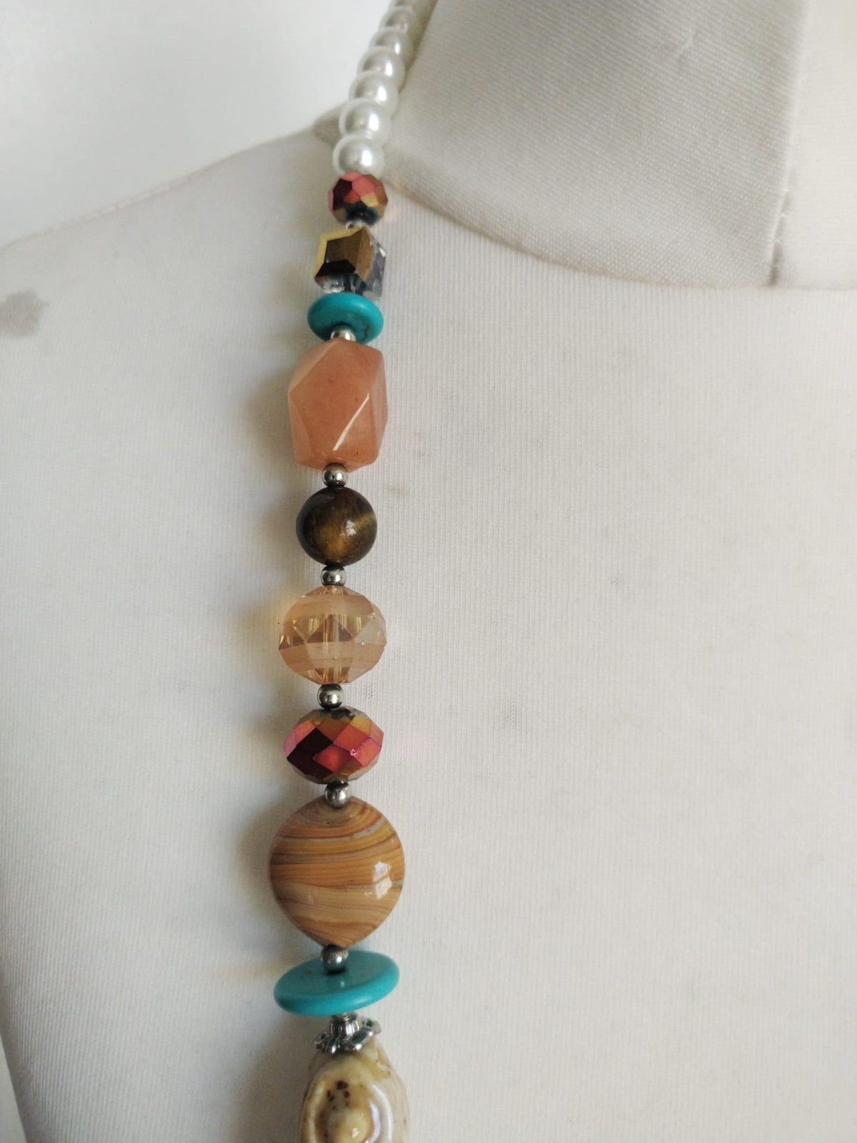 Long Blue Brown White Faux Pearl, Porcelain, Stone, Glass Mixed Beads Necklace