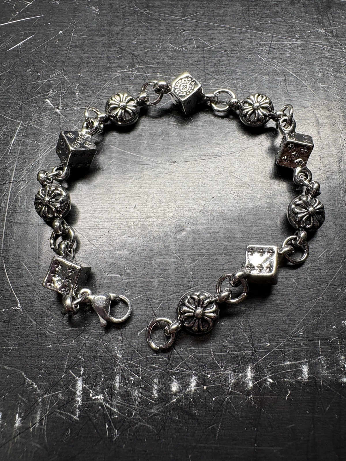 CH Style Y2 K Silver Charm Link Chain Bracelet Dangle Cube & Flower Charms